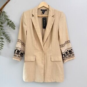NYCC Blazer Beige Boho Western Floral Embroidered Cuff One Button Longline NWT